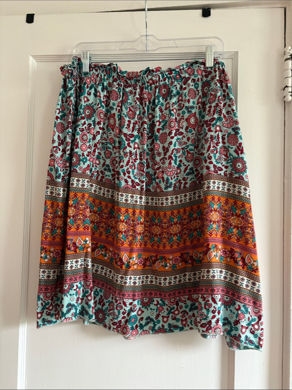 Printed A-Line Skirt with Teal & Orange Floral Border